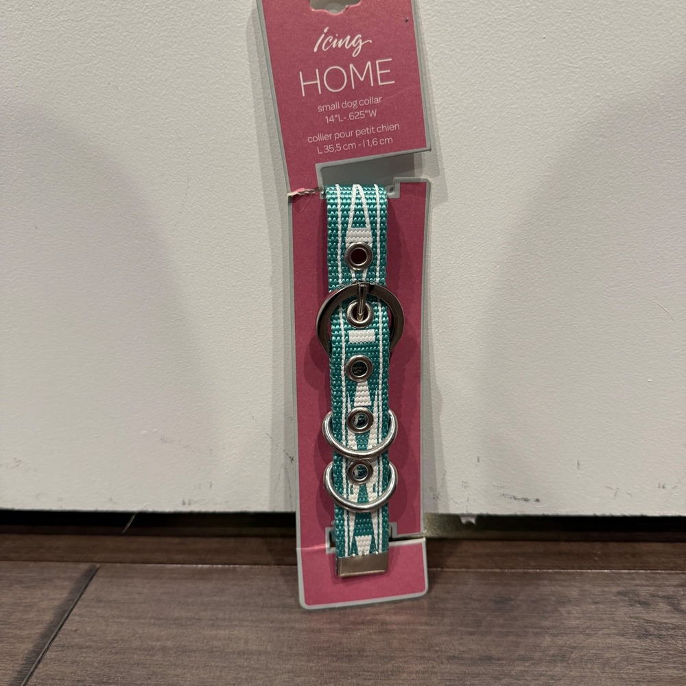 Icing Home Small Dog Collar Teal White Geometric Woven